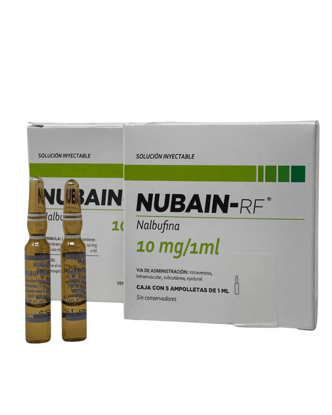 Caja y ampolletas de NUBAIN-RF nalbufina 10 mg/mL, solución inyectable