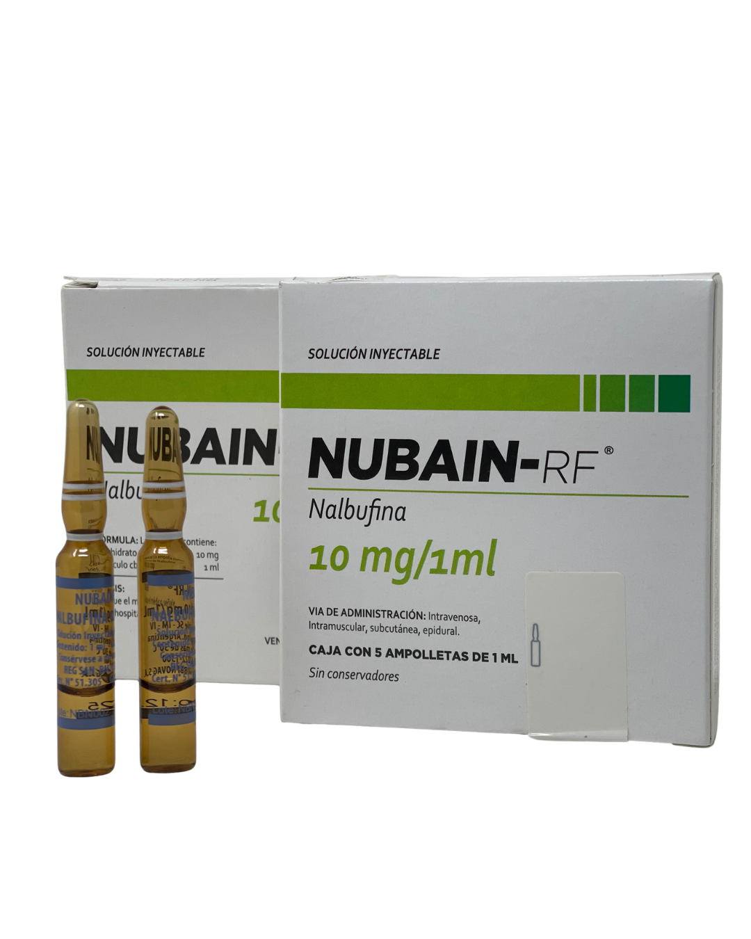 Caja y ampolletas de NUBAIN-RF nalbufina 10 mg/mL, solución inyectable