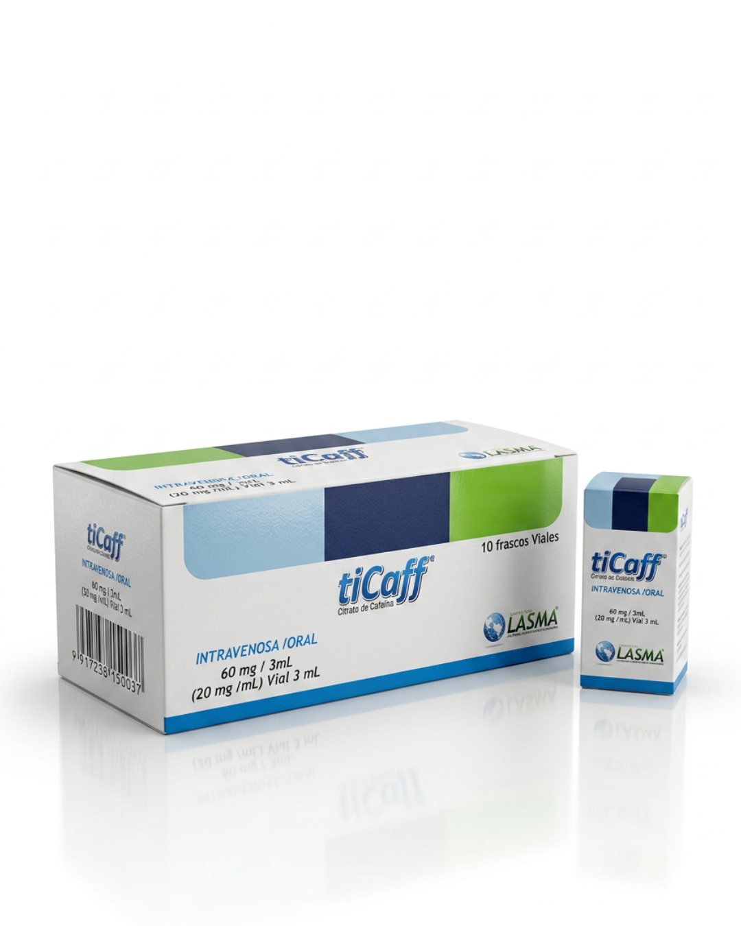 Caja de Ticaff citrato de cafeína 60 mg/3 mL (20 mg/mL), solución para vía intravenosa y oral
